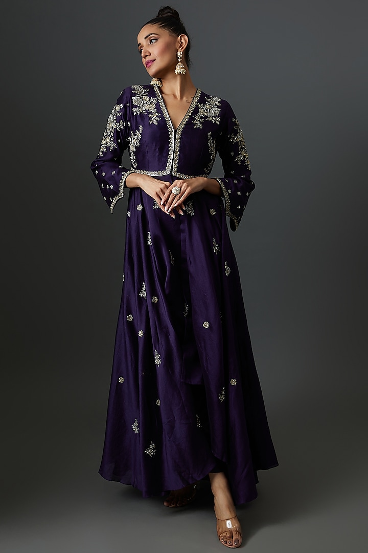 Purple Silk Embroidered Dress by Jayanti Reddy
