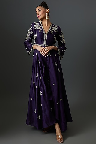 Purple Silk Zari Embroidered Anarkali Set by Jayanti Reddy