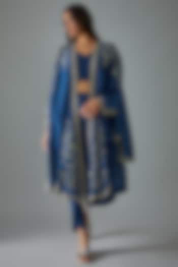 Blue Silk Embroidered Cape Set by Jayanti Reddy