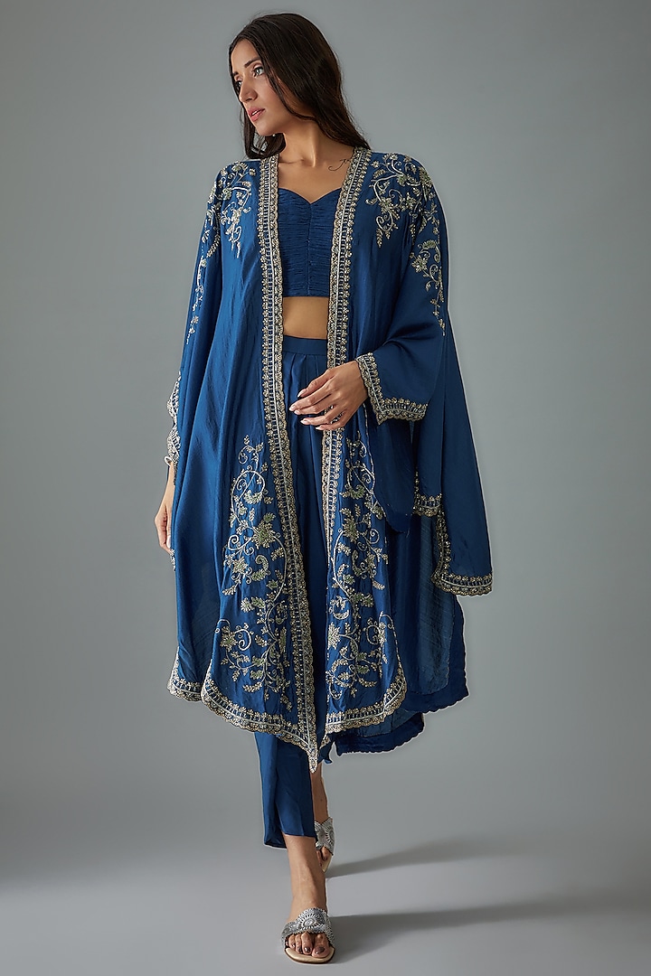 Blue Silk Embroidered Cape Set by Jayanti Reddy