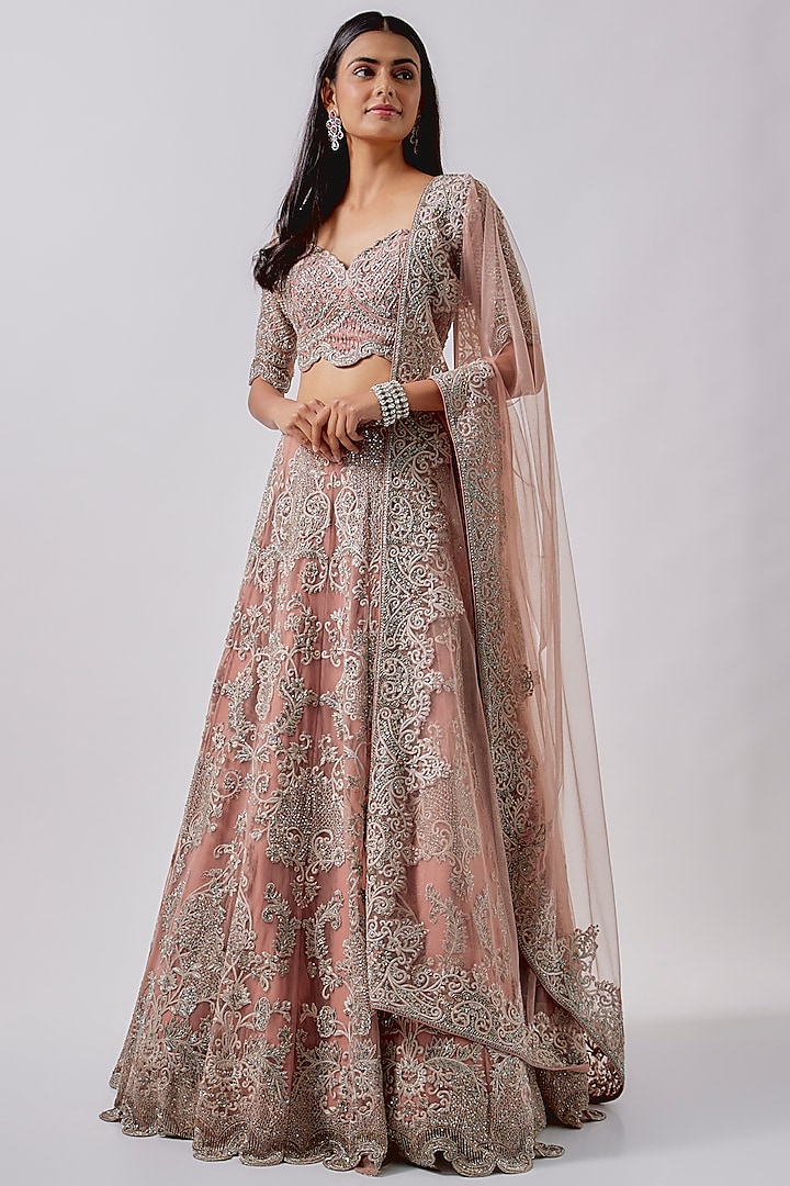 Peach Net Embroidered Lehenga Set by Jayanti Reddy