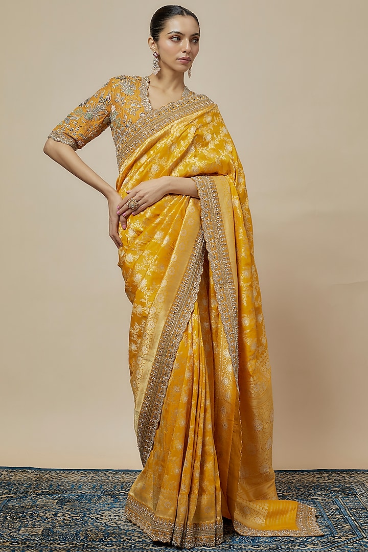 Mango Yellow Banarasi Silk Zari Embroidered Saree Set by Jayanti Reddy at Pernia's Pop Up Shop