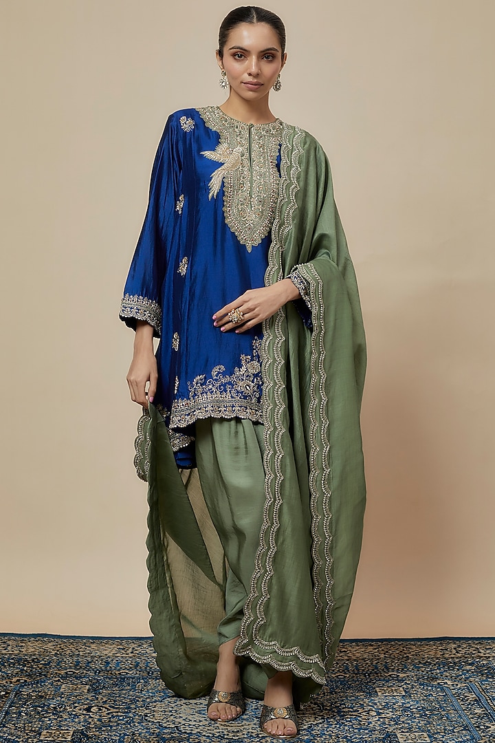 Navy Blue Silk Zari Embroidered Tunic Set by Jayanti Reddy at Pernia's Pop Up Shop