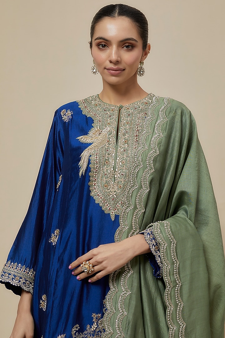 Navy Blue Silk Zari Embroidered Tunic Set by Jayanti Reddy at Pernia's Pop Up Shop