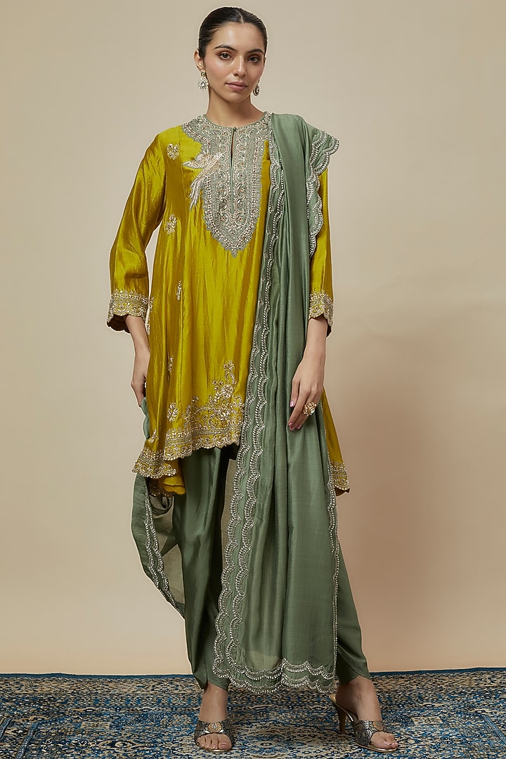 Mustard Yellow Silk Zari Embroidered Tunic Set by Jayanti Reddy at Pernia's Pop Up Shop