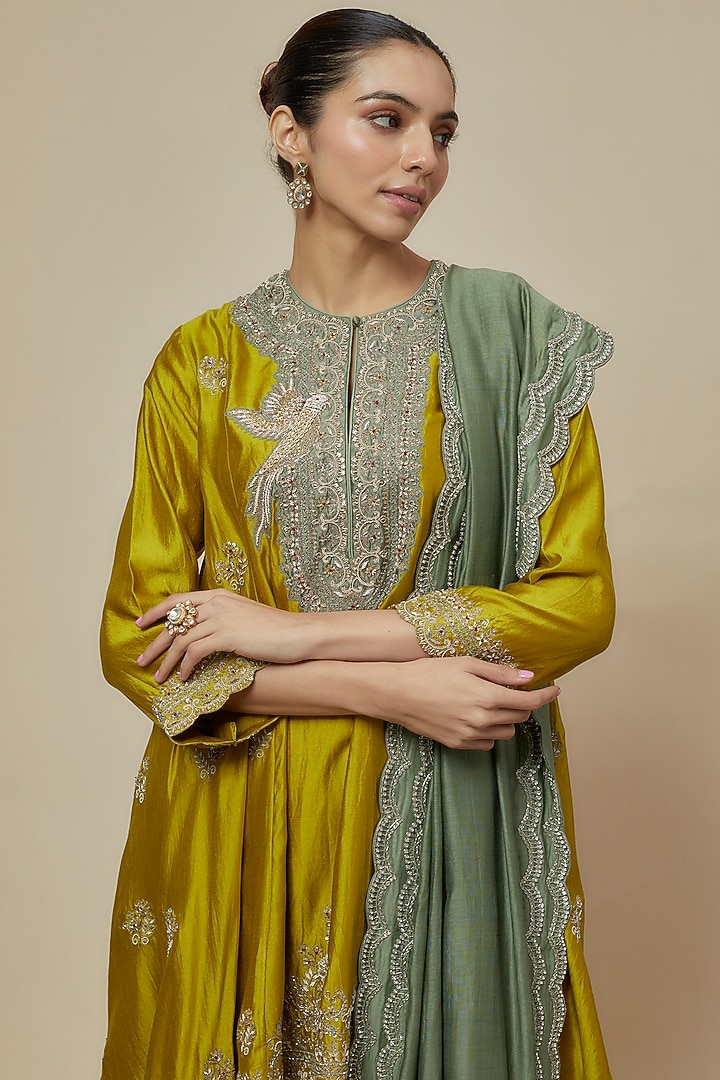 Mustard Yellow Silk Zari Embroidered Tunic Set by Jayanti Reddy at Pernia's Pop Up Shop