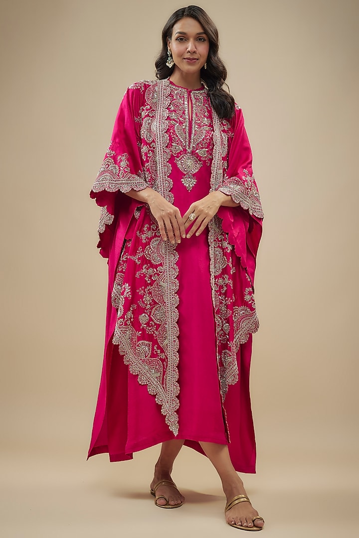 Pink Silk Zari Embroidered Kaftan With Cape by Jayanti Reddy at Pernia's Pop Up Shop