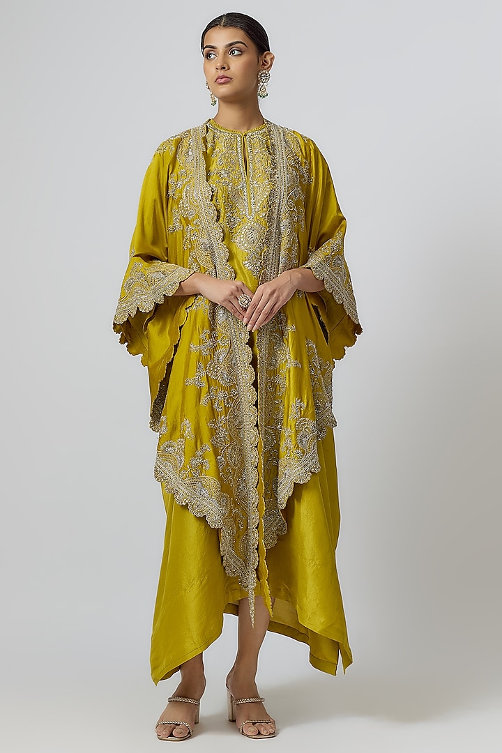 Mustard Silk Zari Embroidered Kaftan With Cape by Jayanti Reddy at Pernia's Pop Up Shop