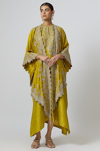 Mustard Silk Zari Embroidered Kaftan With Cape by Jayanti Reddy