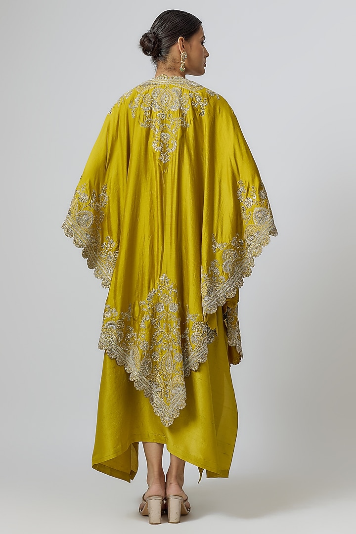 Mustard Silk Zari Embroidered Kaftan With Cape by Jayanti Reddy at Pernia's Pop Up Shop