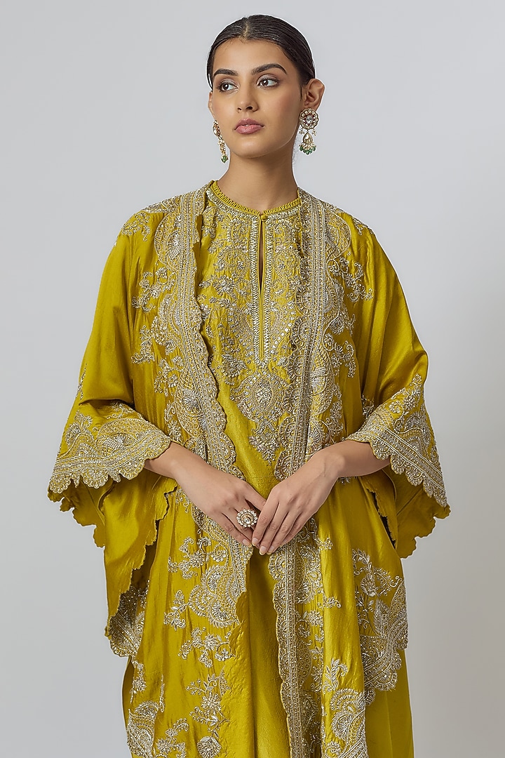 Mustard Silk Zari Embroidered Kaftan With Cape by Jayanti Reddy at Pernia's Pop Up Shop