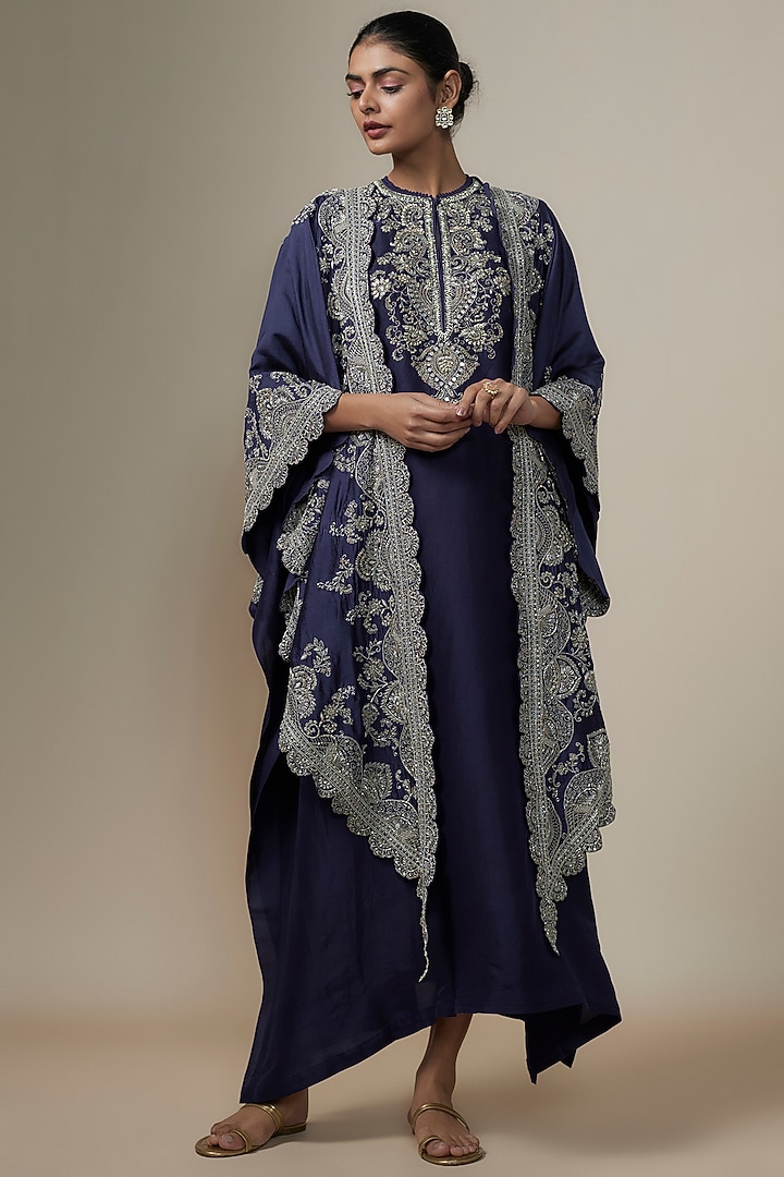 Purple Silk Zari Embroidered Kaftan With Cape by Jayanti Reddy at Pernia's Pop Up Shop