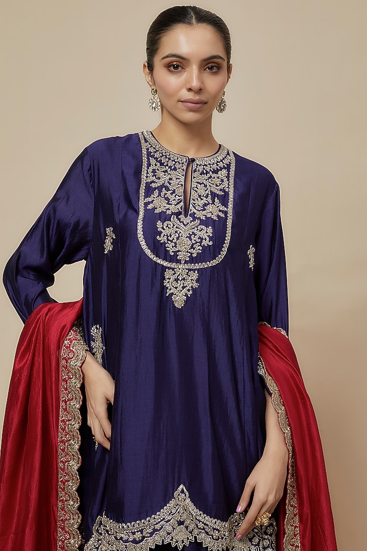 Purple Silk Zari Embroidered Tunic Set by Jayanti Reddy at Pernia's Pop Up Shop