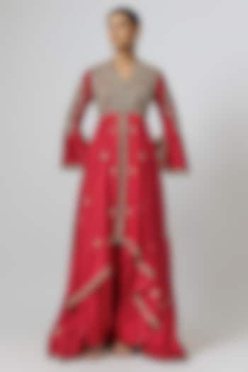 Red Silk Zari Embroidered Bridal Anarkali Set by Jayanti Reddy at Pernia's Pop Up Shop