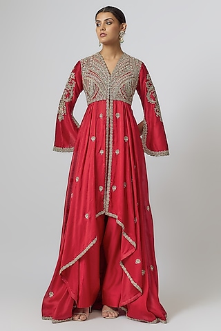 Red Silk Zari Embroidered Anarkali Set by Jayanti Reddy