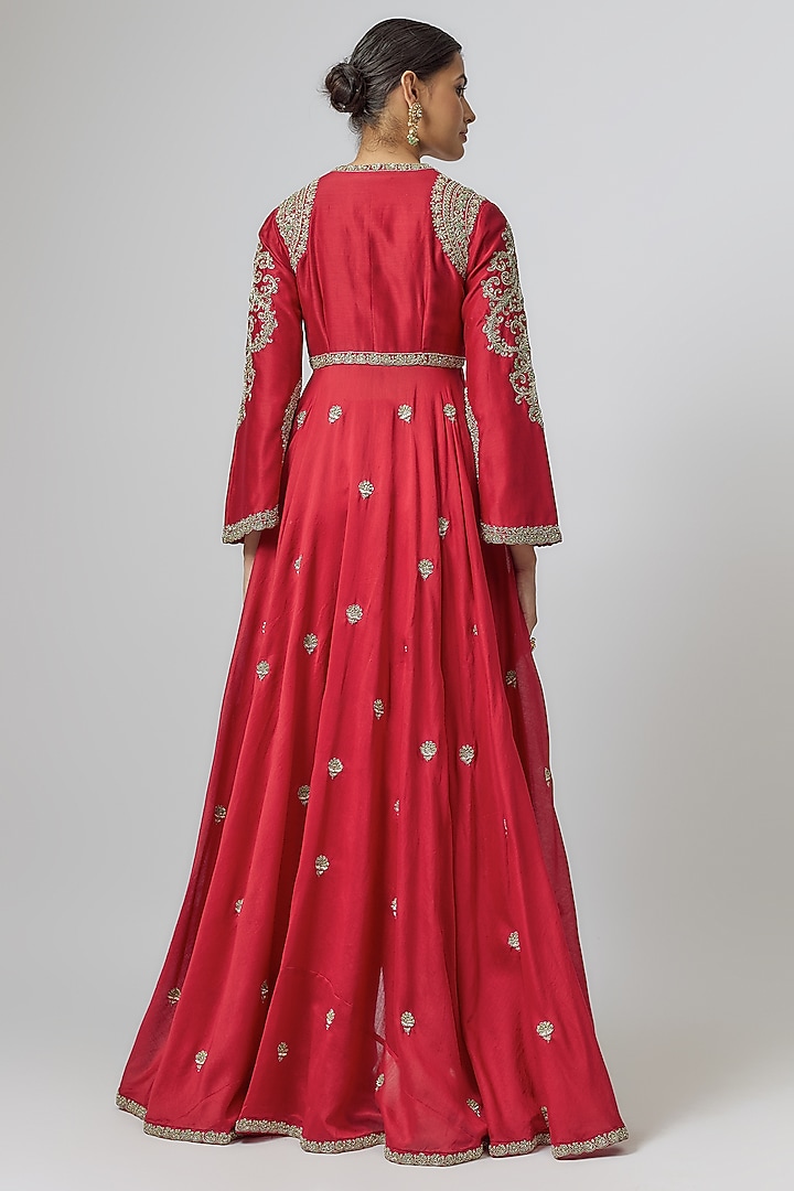 Red Silk Zari Embroidered Bridal Anarkali Set by Jayanti Reddy at Pernia's Pop Up Shop