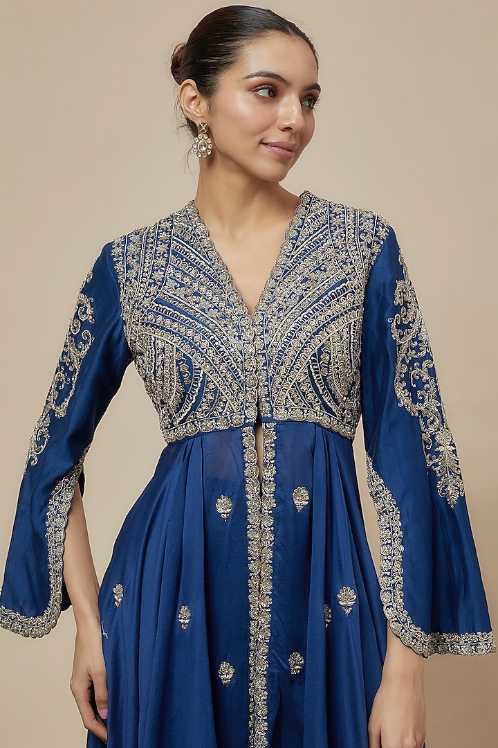 Navy Blue Silk Zari Embroidered Bridal Anarkali Set by Jayanti Reddy at Pernia's Pop Up Shop