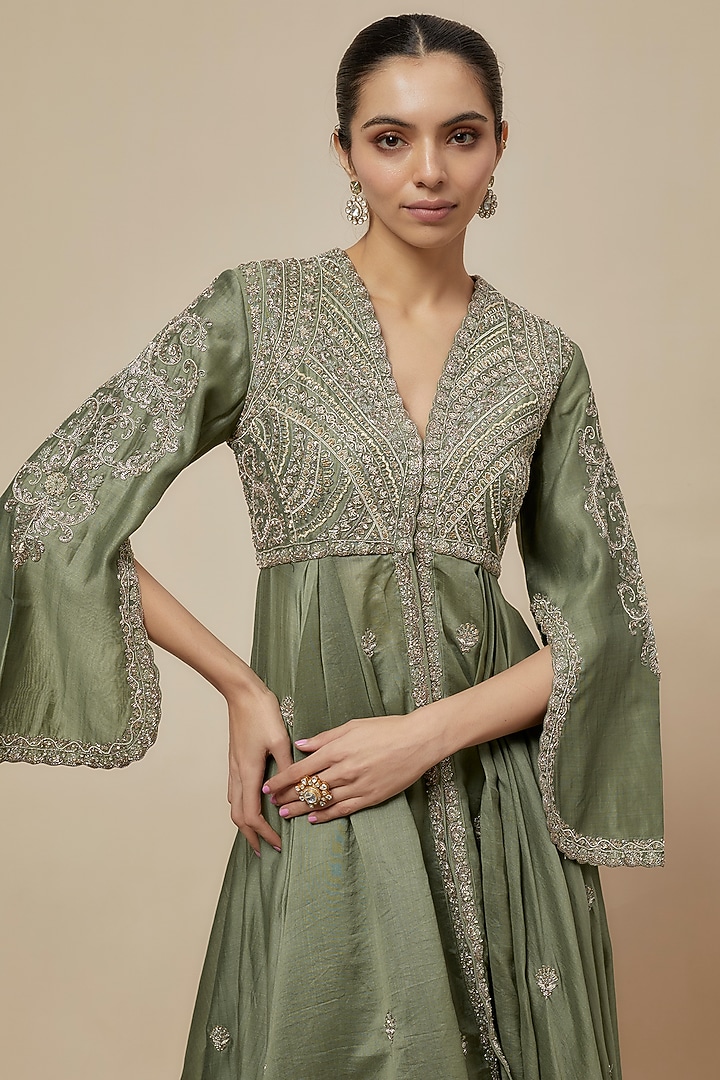 Mint Green Silk Zari Embroidered Bridal Anarkali Set by Jayanti Reddy at Pernia's Pop Up Shop
