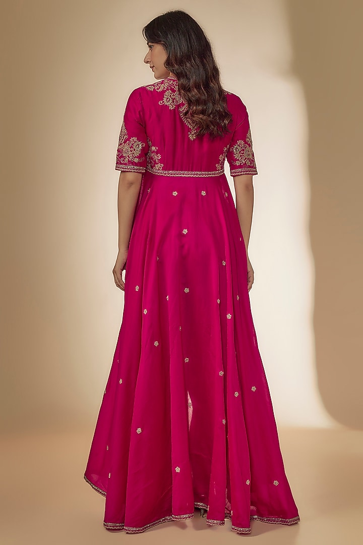 Rani Pink Silk Zari Embroidered High-Low Kurta Set by Jayanti Reddy at Pernia's Pop Up Shop