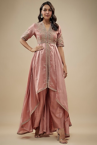 Peach Silk Zari Embroidered High-Low Anarkali Set by Jayanti Reddy