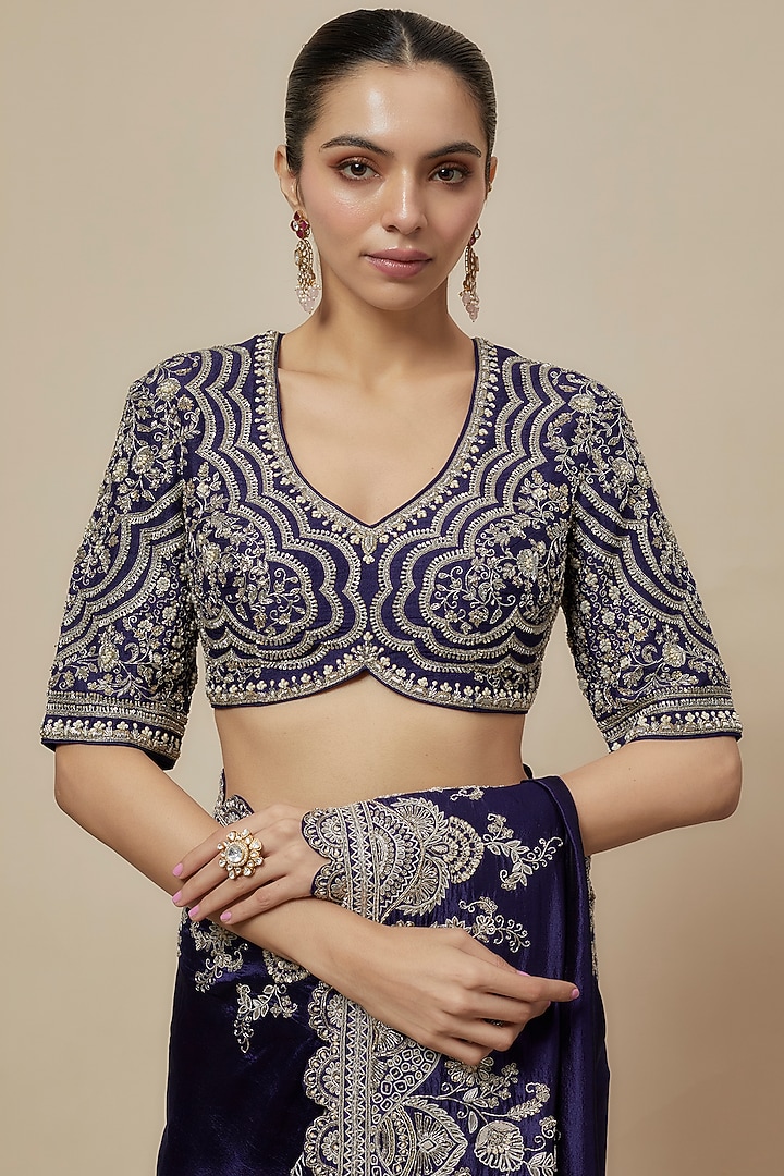 Purple Silk Zari Embroidered Bridal Saree Set by Jayanti Reddy at Pernia's Pop Up Shop