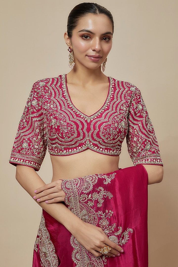 Rani Pink Silk Zari Embroidered Bridal Saree Set by Jayanti Reddy at Pernia's Pop Up Shop