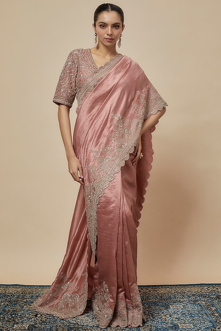 Peach Silk Zari Embroidered Saree Set by Jayanti Reddy at Pernia's Pop Up Shop