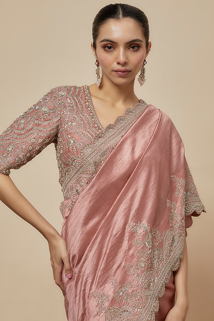 Peach Silk Zari Embroidered Bridal Saree Set by Jayanti Reddy at Pernia's Pop Up Shop