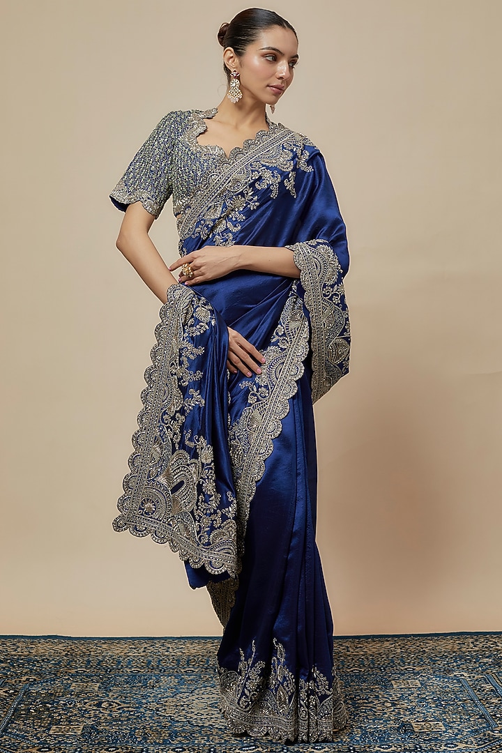 Navy Blue Silk Zari Embroidered Bridal Saree Set by Jayanti Reddy at Pernia's Pop Up Shop