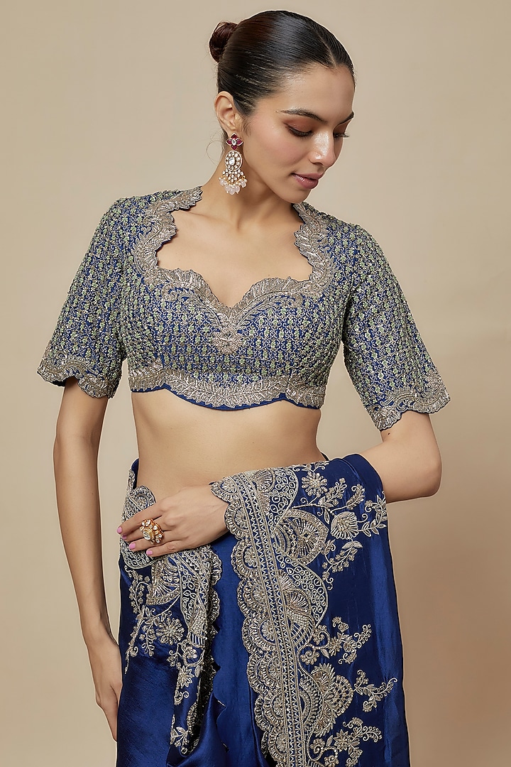 Navy Blue Silk Zari Embroidered Bridal Saree Set by Jayanti Reddy at Pernia's Pop Up Shop