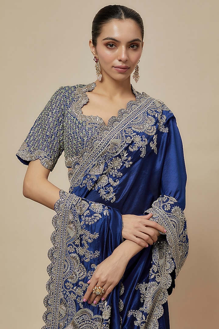 Navy Blue Silk Zari Embroidered Bridal Saree Set by Jayanti Reddy at Pernia's Pop Up Shop