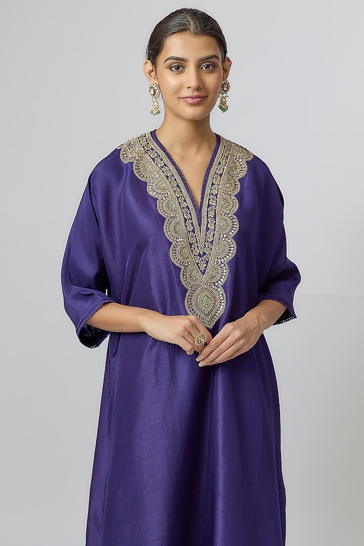 Purple Silk Zari Embroidered Kaftan Set by Jayanti Reddy at Pernia's Pop Up Shop