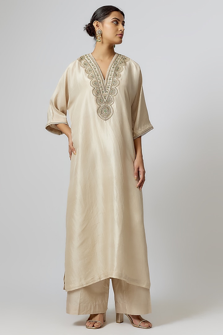 Ivory Silk Zari Embroidered Kaftan Set by Jayanti Reddy at Pernia's Pop Up Shop