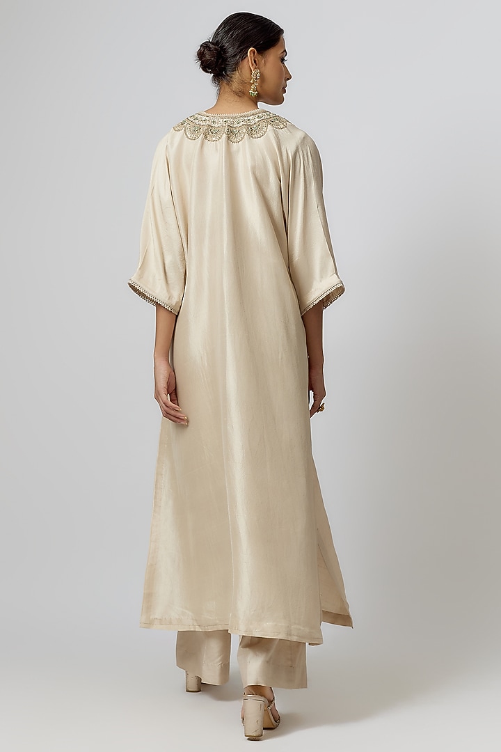 Ivory Silk Zari Embroidered Kaftan Set by Jayanti Reddy at Pernia's Pop Up Shop