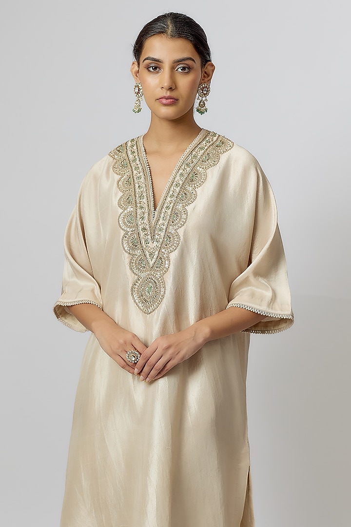 Ivory Silk Zari Embroidered Kaftan Set by Jayanti Reddy at Pernia's Pop Up Shop