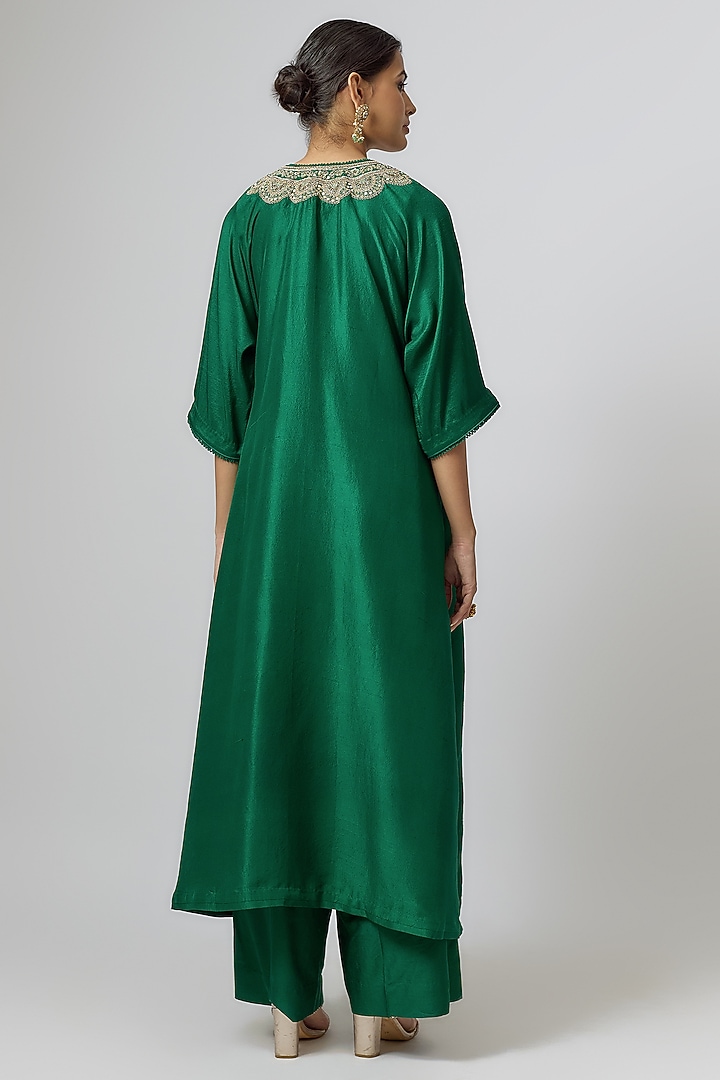 Emerald Green Silk Zari Embroidered Kaftan Set by Jayanti Reddy at Pernia's Pop Up Shop