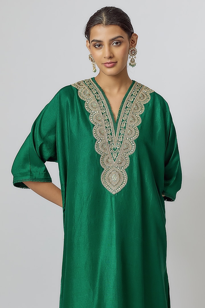 Emerald Green Silk Zari Embroidered Kaftan Set by Jayanti Reddy at Pernia's Pop Up Shop