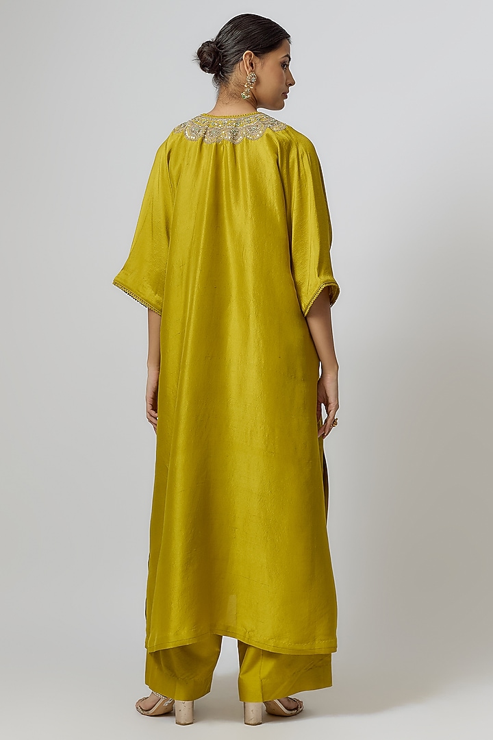 Mustard Silk Zari Embroidered Kaftan Set by Jayanti Reddy at Pernia's Pop Up Shop