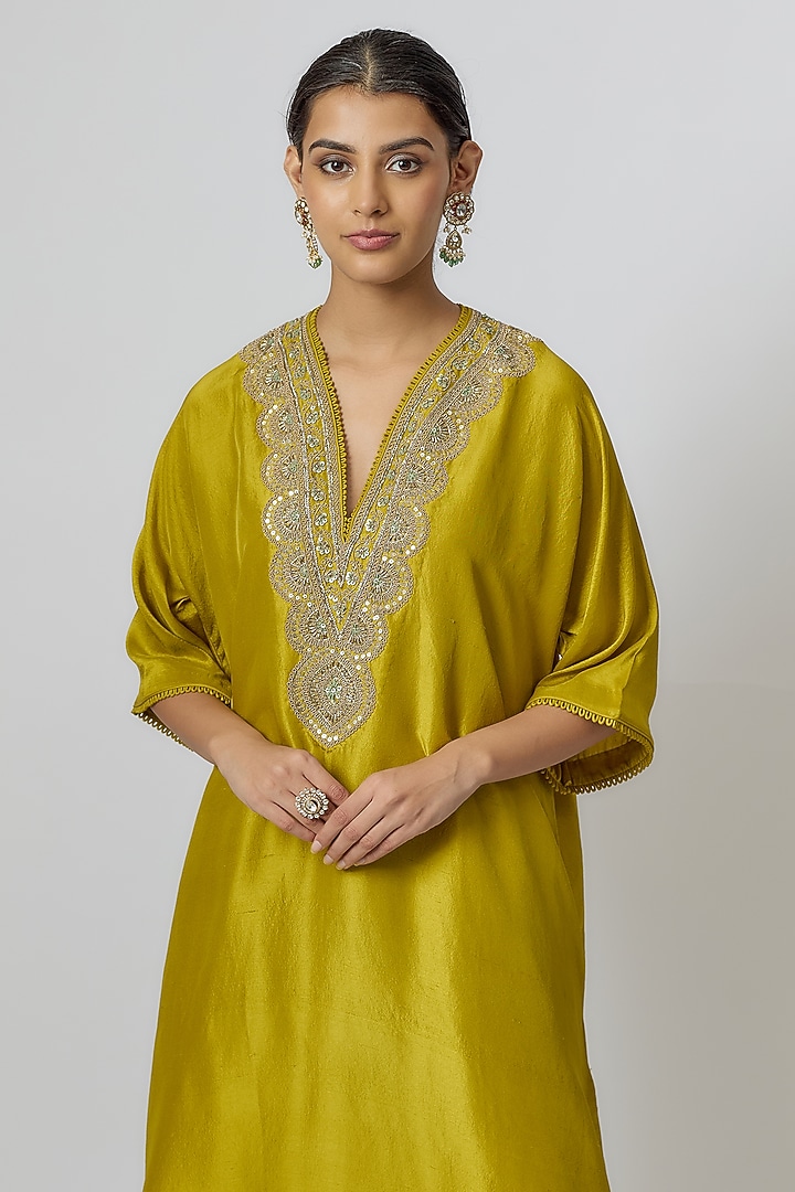 Mustard Silk Zari Embroidered Kaftan Set by Jayanti Reddy at Pernia's Pop Up Shop