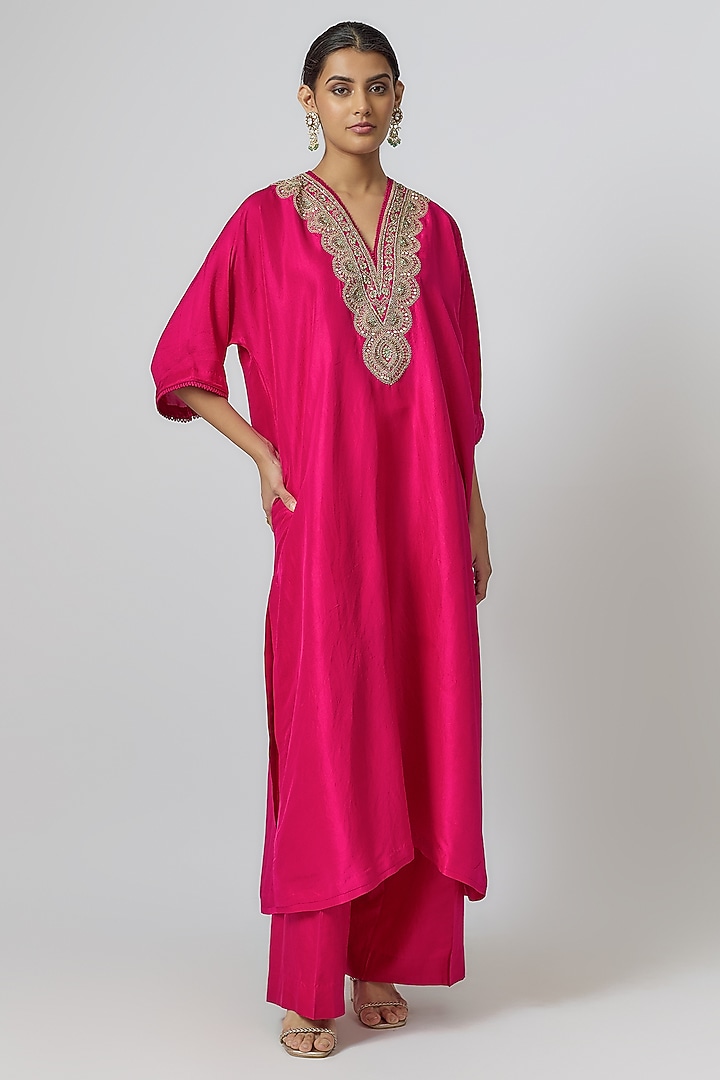 Rani Pink Silk Zari Embroidered Kaftan Set by Jayanti Reddy at Pernia's Pop Up Shop