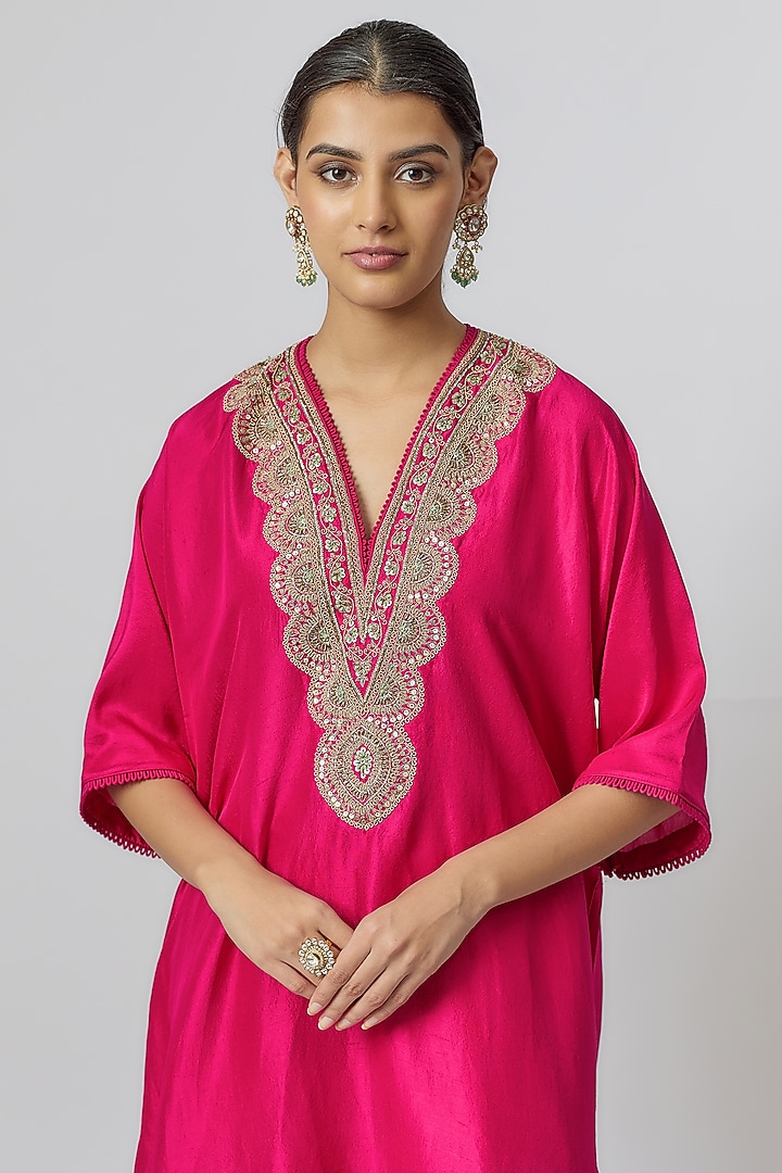 Rani Pink Silk Zari Embroidered Kaftan Set by Jayanti Reddy at Pernia's Pop Up Shop