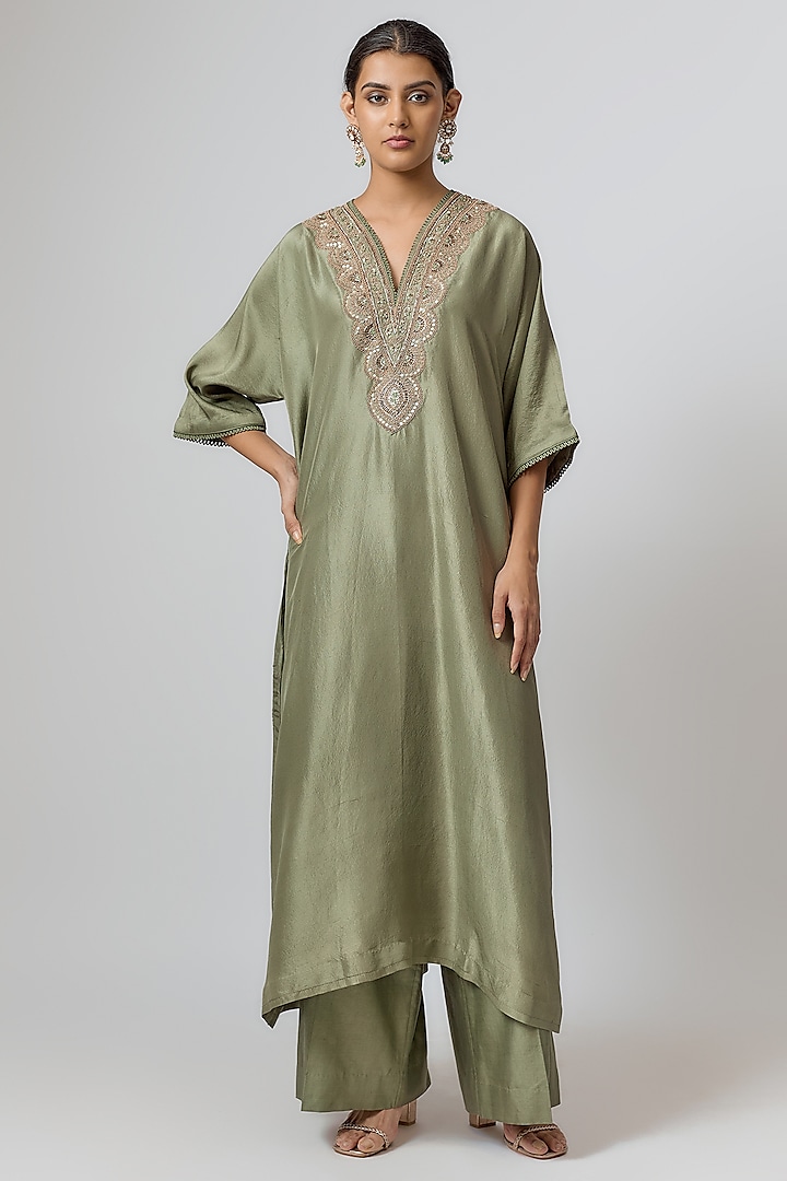 Mint Green Silk Zari Embroidered Kaftan Set by Jayanti Reddy at Pernia's Pop Up Shop