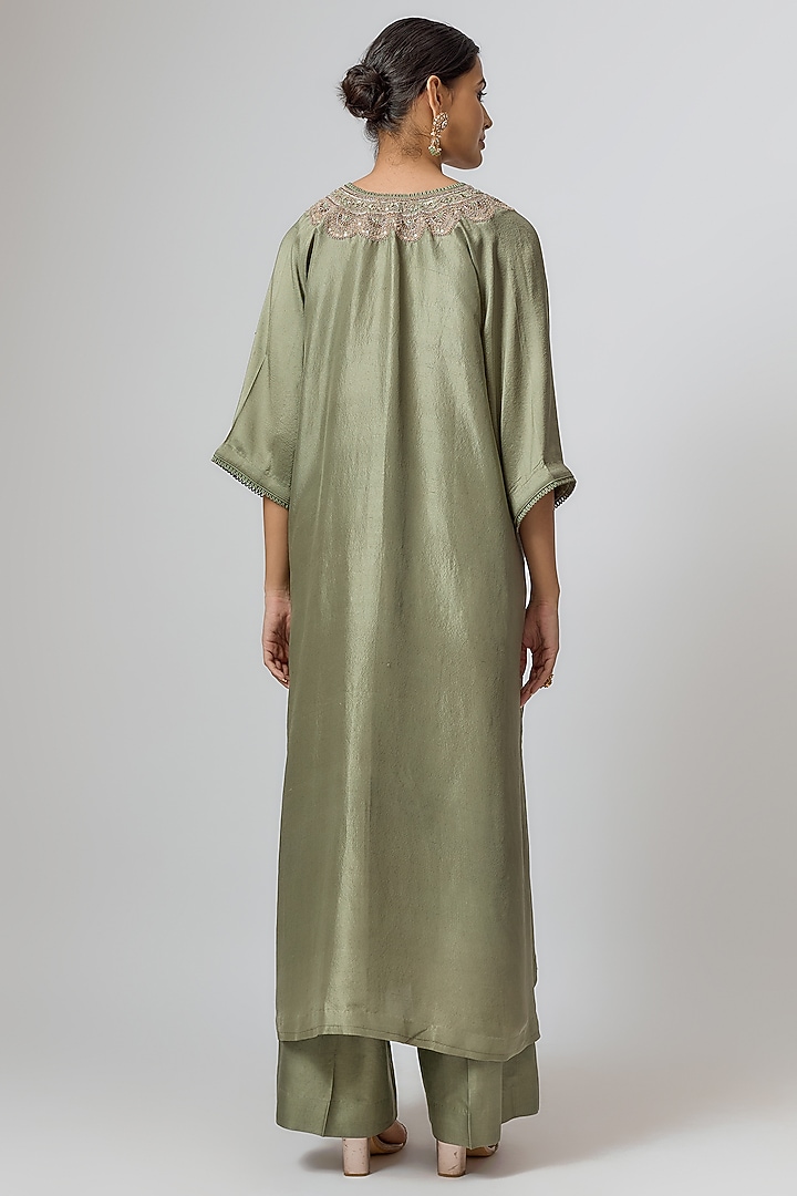 Mint Green Silk Zari Embroidered Kaftan Set by Jayanti Reddy at Pernia's Pop Up Shop