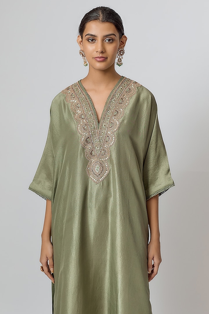 Mint Green Silk Zari Embroidered Kaftan Set by Jayanti Reddy at Pernia's Pop Up Shop