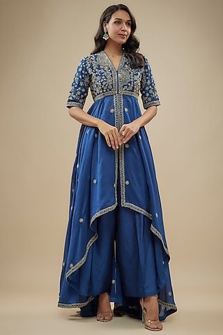 Navy Blue Silk Zari Embroidered High-Low Anarkali Set by Jayanti Reddy
