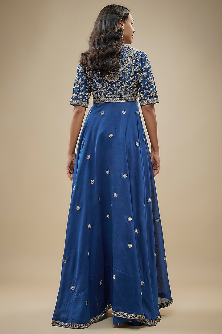 Navy Blue Silk Zari Embroidered High-Low Wedding Anarkali Set by Jayanti Reddy at Pernia's Pop Up Shop