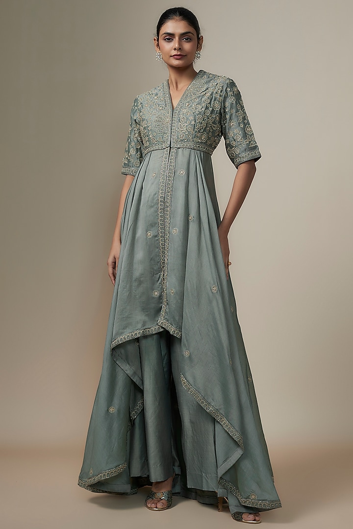 Teal Grey Silk Zari Embroidered Anarkali Set by Jayanti Reddy at Pernia's Pop Up Shop