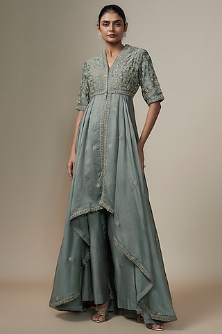 Teal Grey Silk Zari Embroidered Anarkali Set by Jayanti Reddy