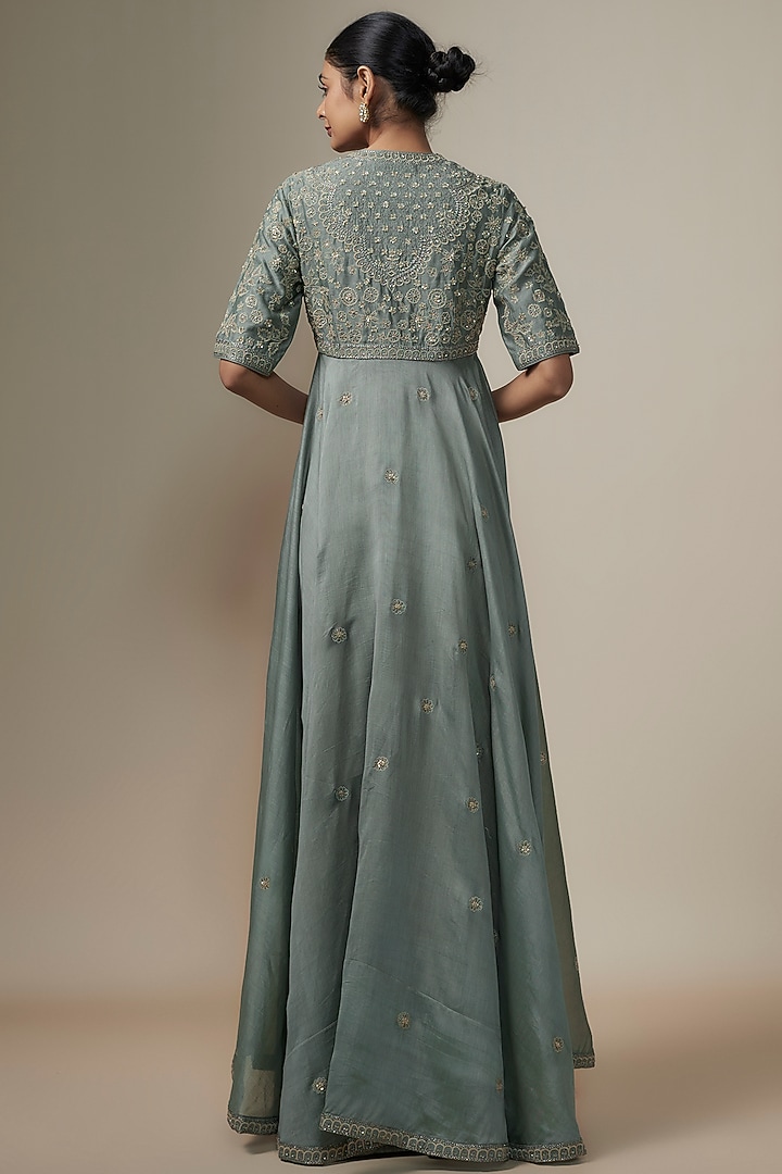 Teal Grey Silk Zari Embroidered Wedding Anarkali Set by Jayanti Reddy at Pernia's Pop Up Shop