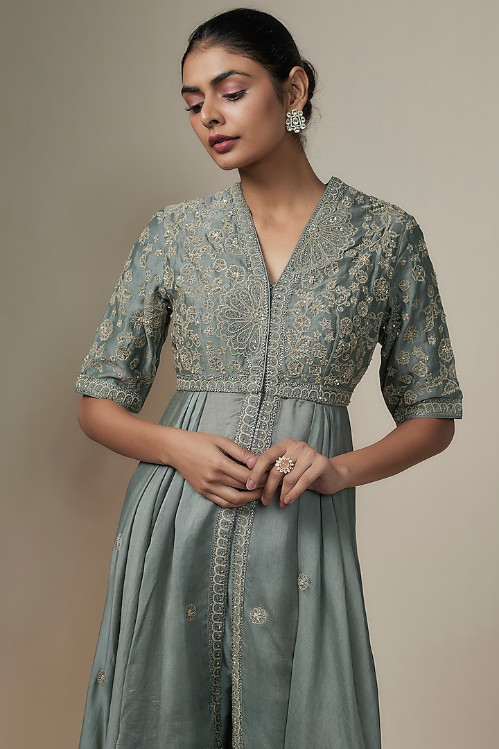 Teal Grey Silk Zari Embroidered Wedding Anarkali Set by Jayanti Reddy at Pernia's Pop Up Shop